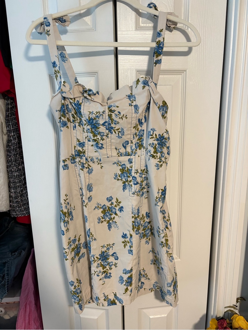 Anthropologie Cream Sundress with Blue Floral Print